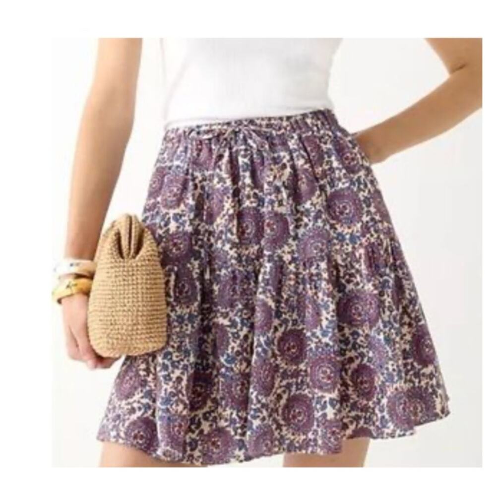 EUC J.Crew Purple Floral Paisley Tiered mini linen pleated Skirt Sz: Medium
